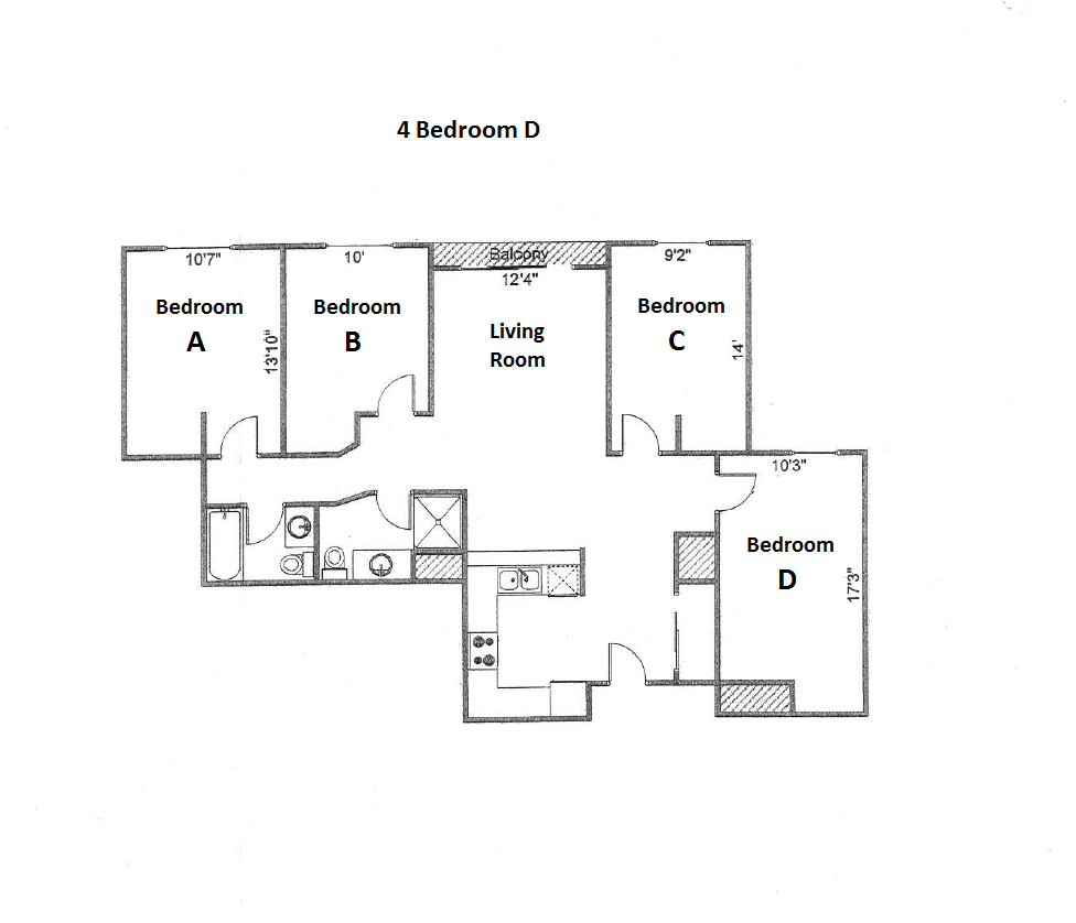Floor plan for 4 beds, 2 baths, 1245 sqft